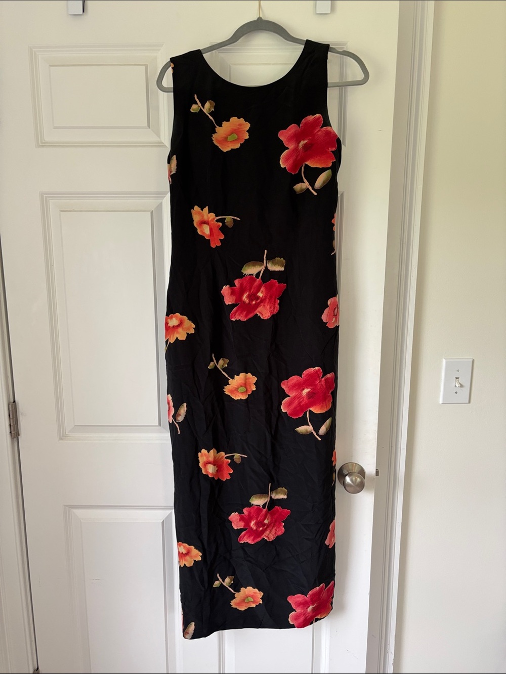 Vintage Open back Black Maxi Dress with Red & Orange Floral Print